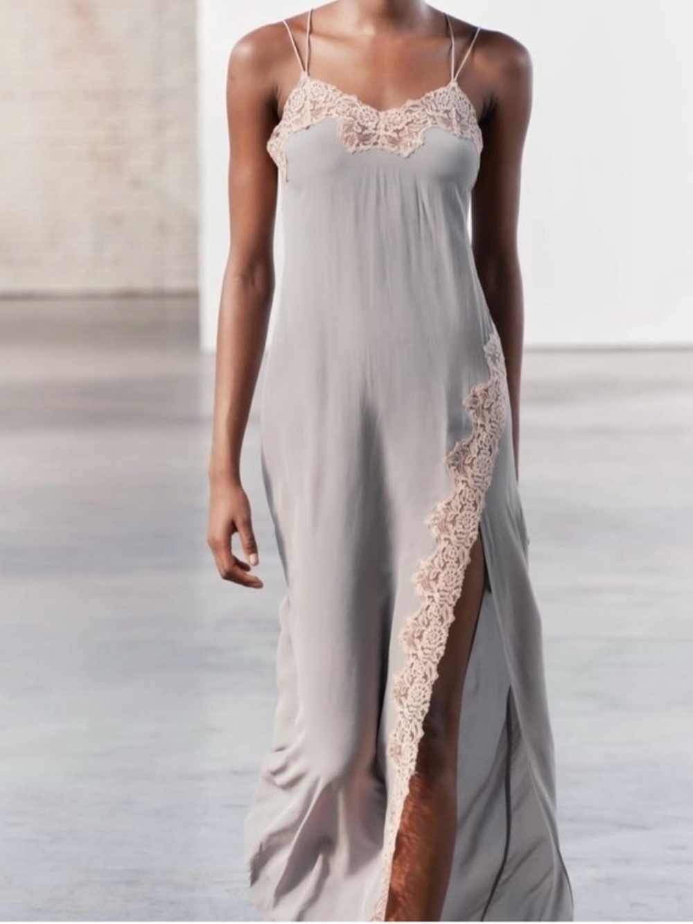 Zara Intimates Light Pink Lace-Trim Slip Maxi Nightgown in Light Gray size M
